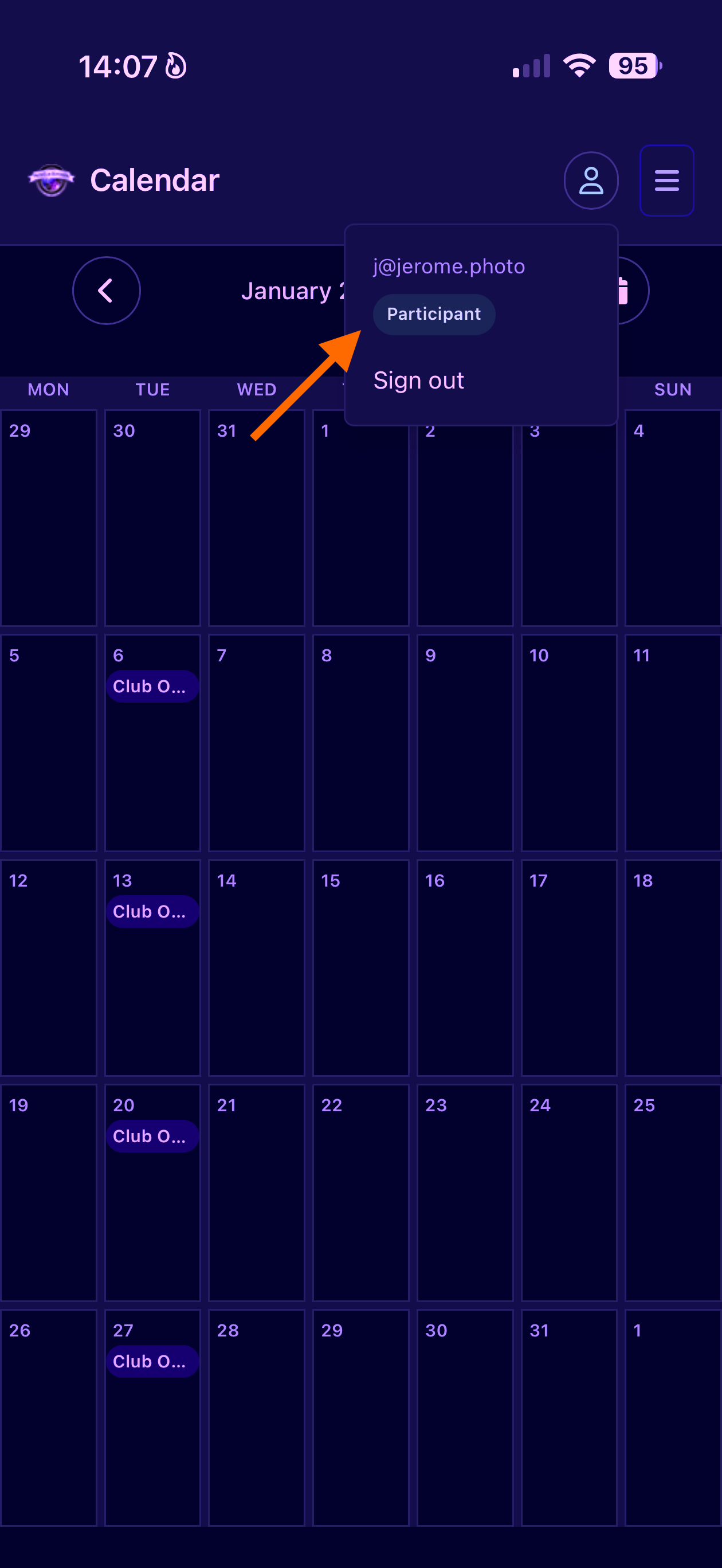 User menu showing email and role