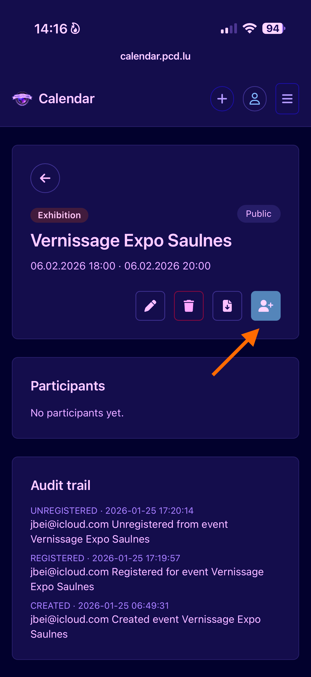 Event details view with registration option