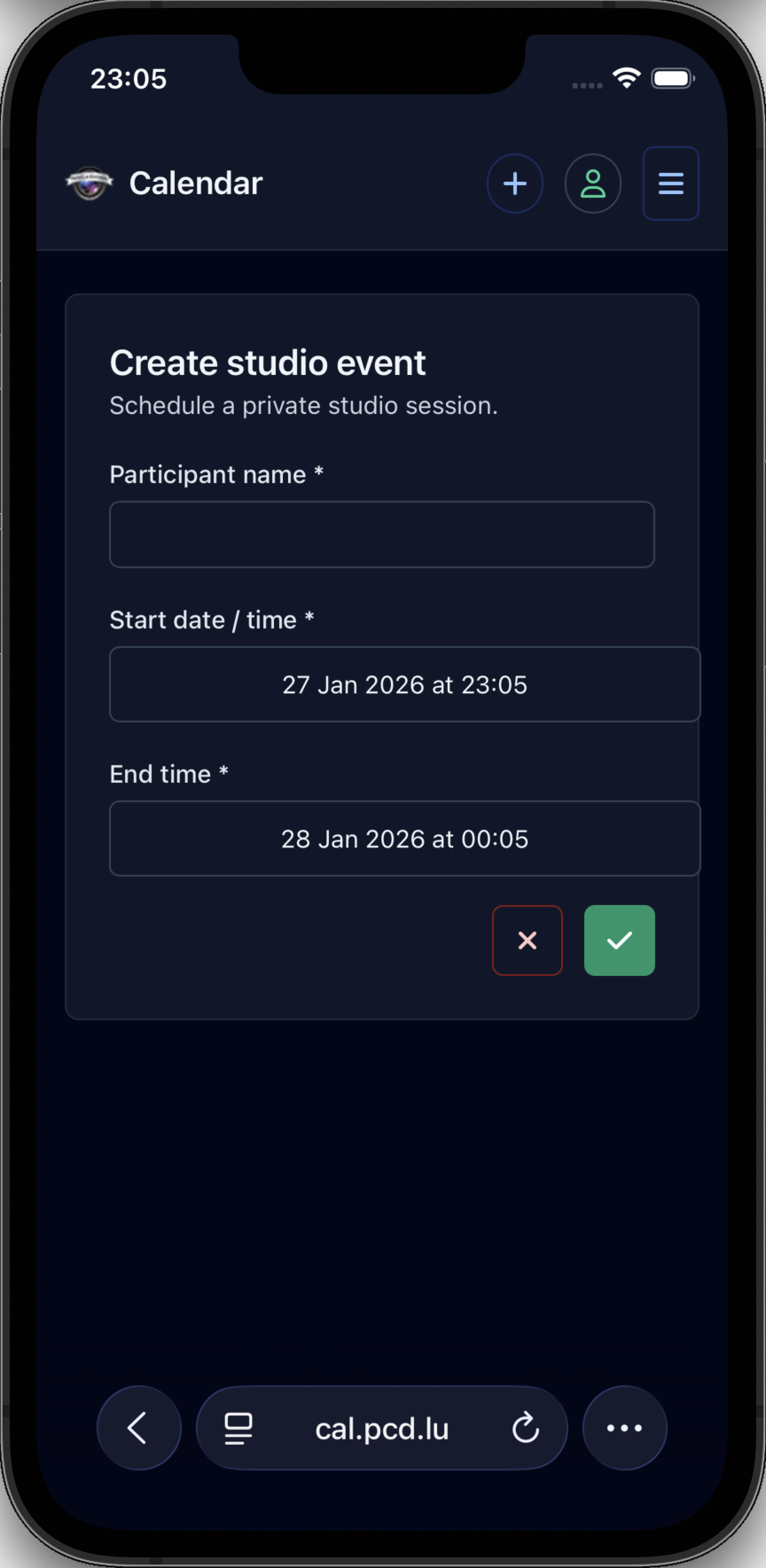 Studio booking form for participants
